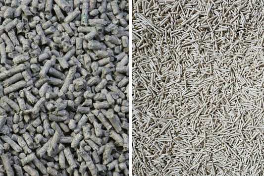 Close up comparison of tofu cat litter pellets and paper cat litter pellets