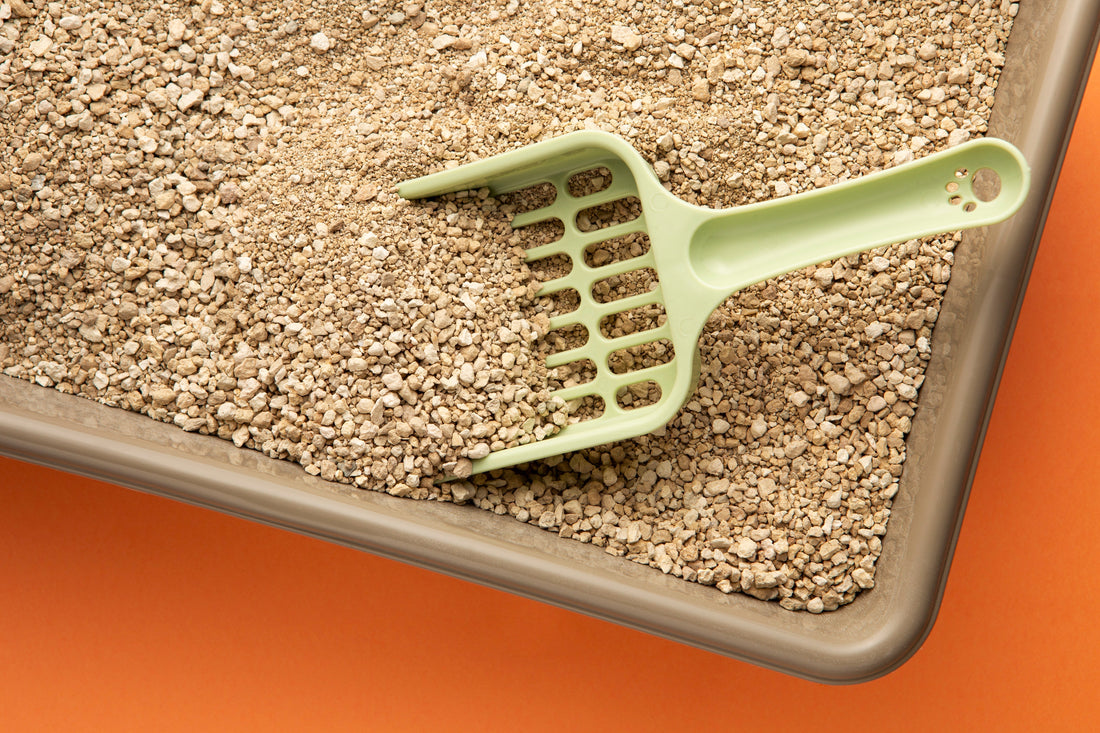 A brown rectangular cat litter tray on an orange background. The tray contains clay litter and a light green scoop.