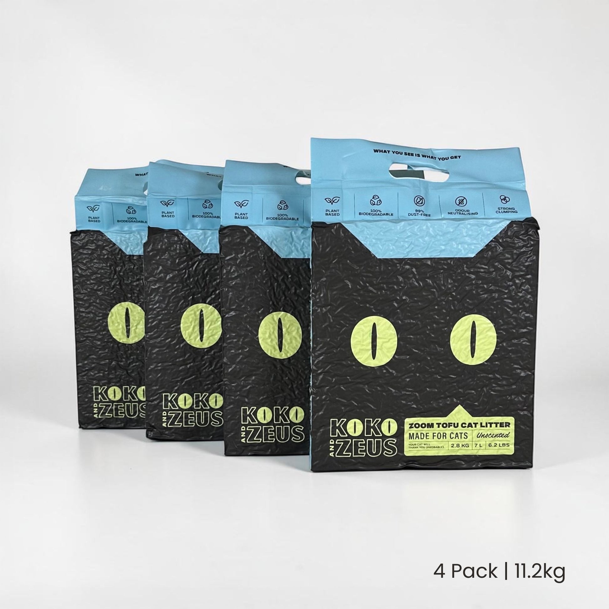 Four bags of Koko & Zeus ZOOM Tofu Cat Litter on a white background labelled 4 Pack | 11.2kg