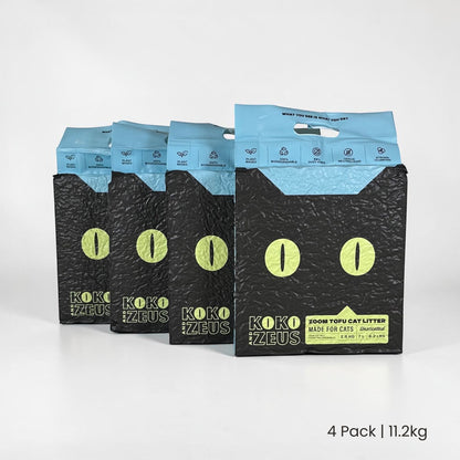 Four bags of Koko & Zeus ZOOM Tofu Cat Litter on a white background labelled 4 Pack | 11.2kg