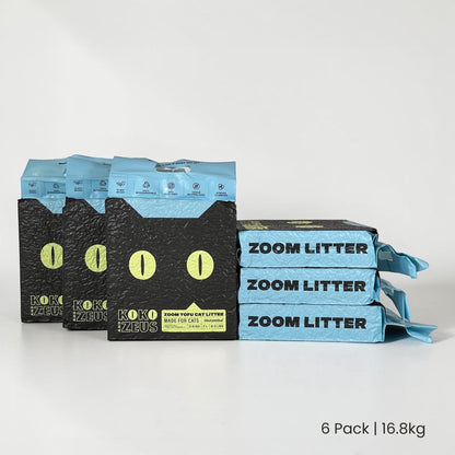 Six bags of Koko & Zeus ZOOM Tofu Cat Litter on a white background labelled 6 Pack | 16.8kg