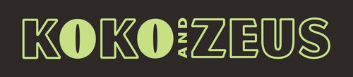 Neon green 'Koko & Zeus' logo on a black background