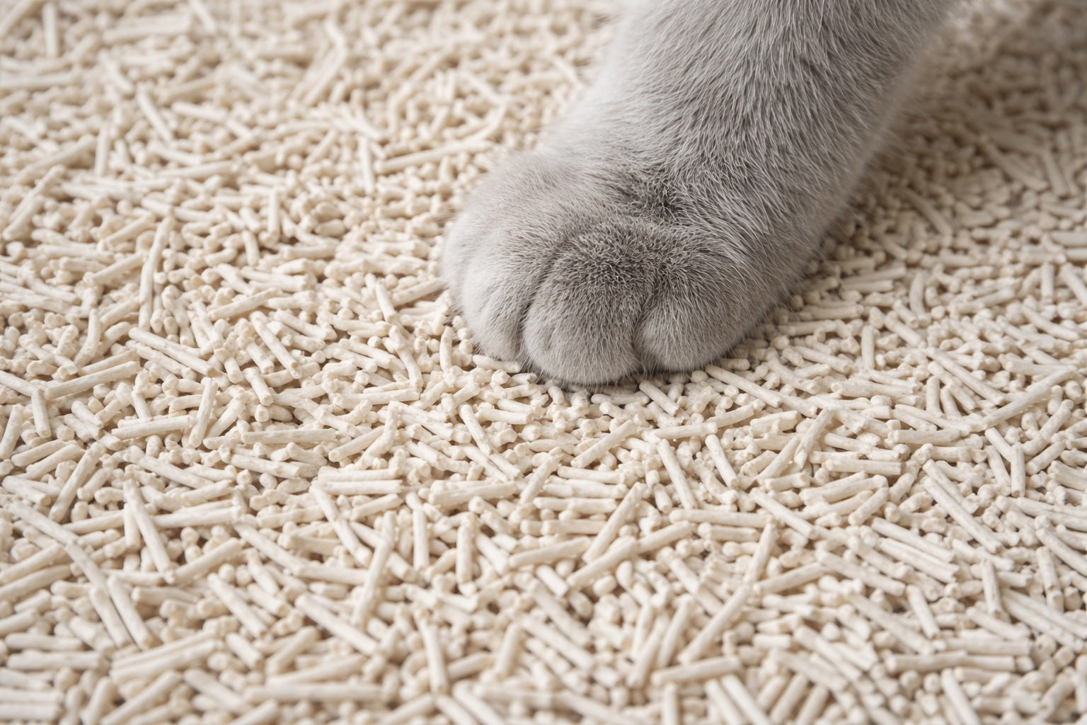 A soft grey cat paw resting on top of natural tofu cat litter.