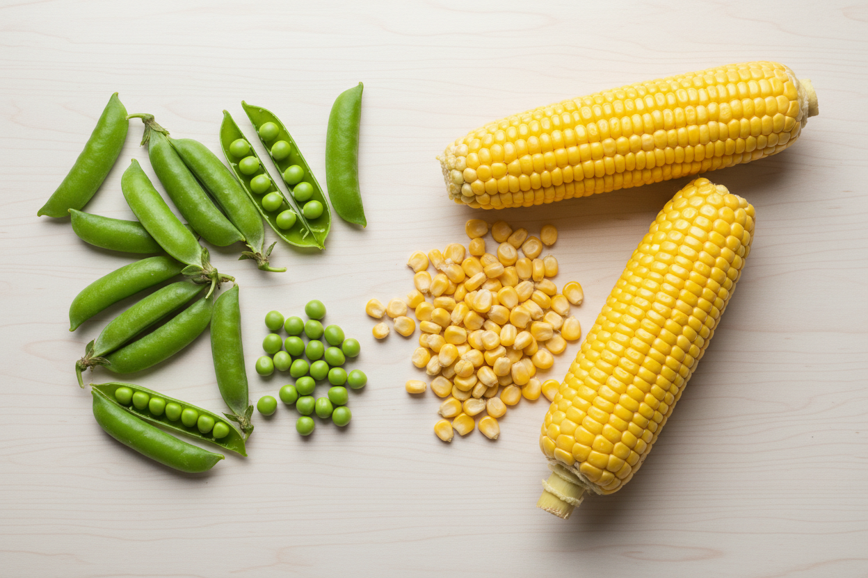 flat lay of fresh peas and corn 